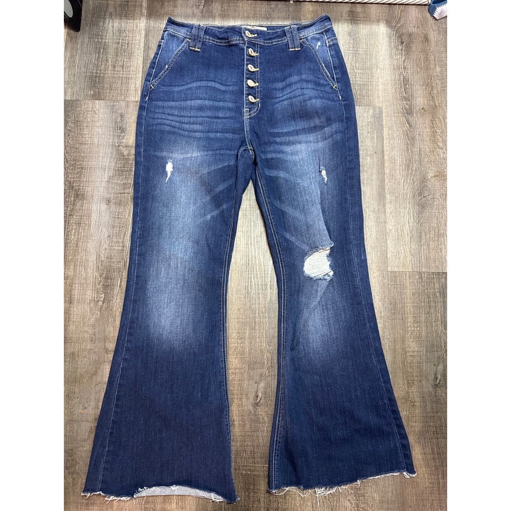 KanCan High Rise Button Fly Distressed Flare Jeans Dark Wash KC7308D Size 11/29